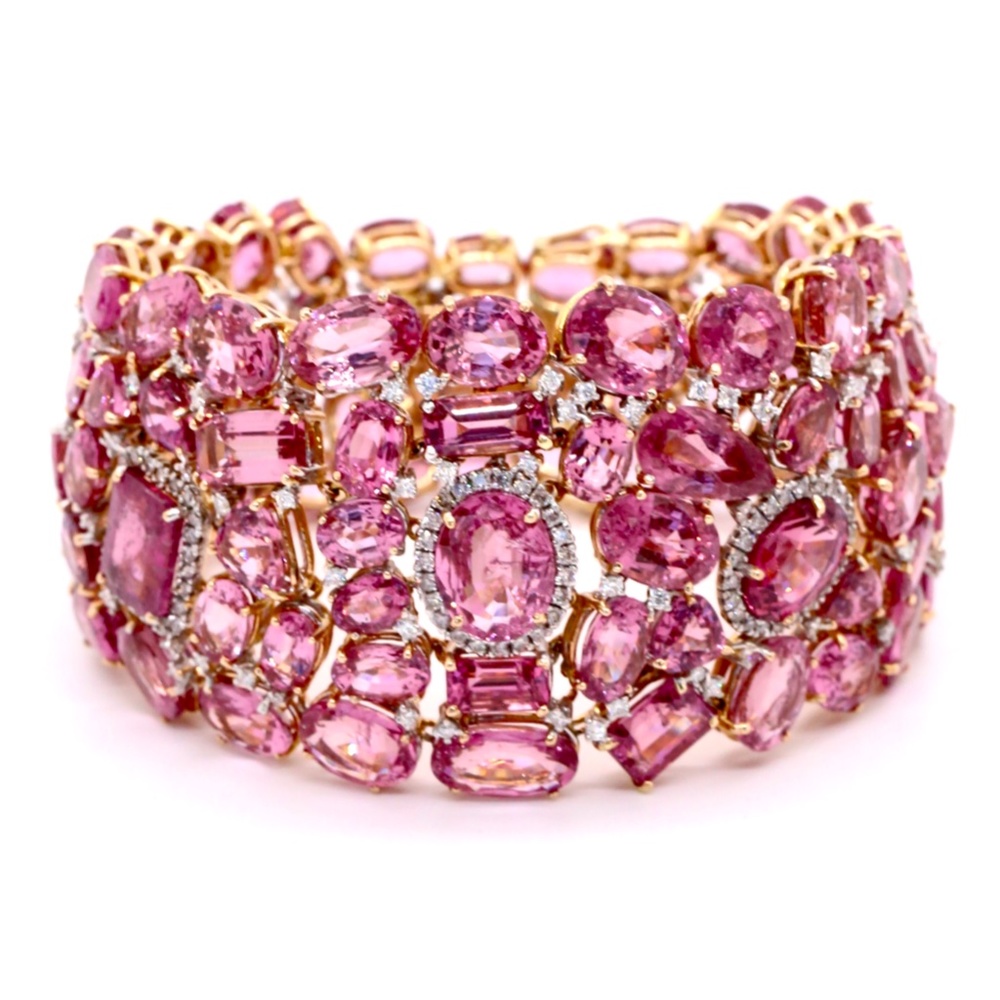 66.47 Pink Spinel Yellow Gold Diamonds Bracelet - Picture 4 of 12